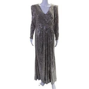 MacDuggal Womens Metallic Sequin V-Neck Long Sleeve Maxi Dress Silver Size 14W